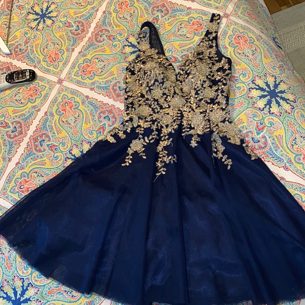Xscape size 0 navy & gorgeous gold detail top
